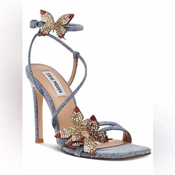 Steve Madden Uma/Uma Denim Butterfly Rhinestone Stiletto Heels Embellished Ankle - Picture 9 of 17